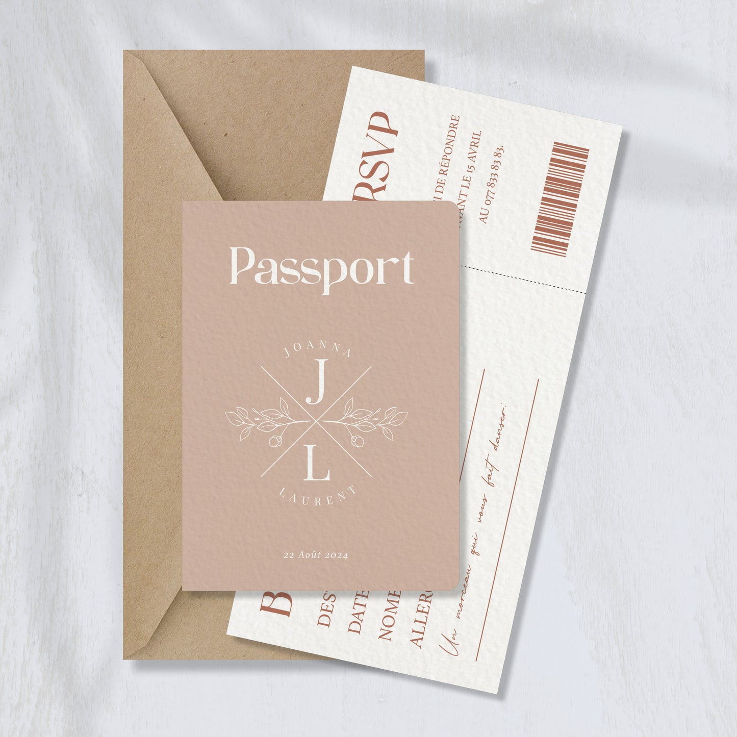 PACK faire-part passport + carton billet d'avion, rose pâle