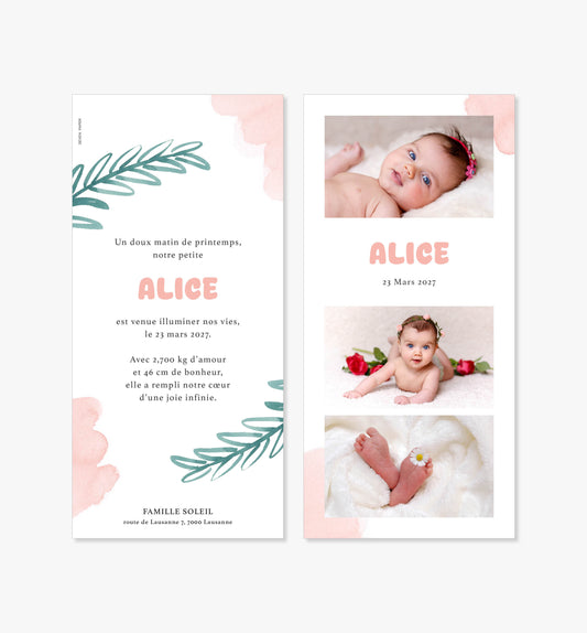 Faire-part de naissance fille – aquarelle rose et feuillage vert