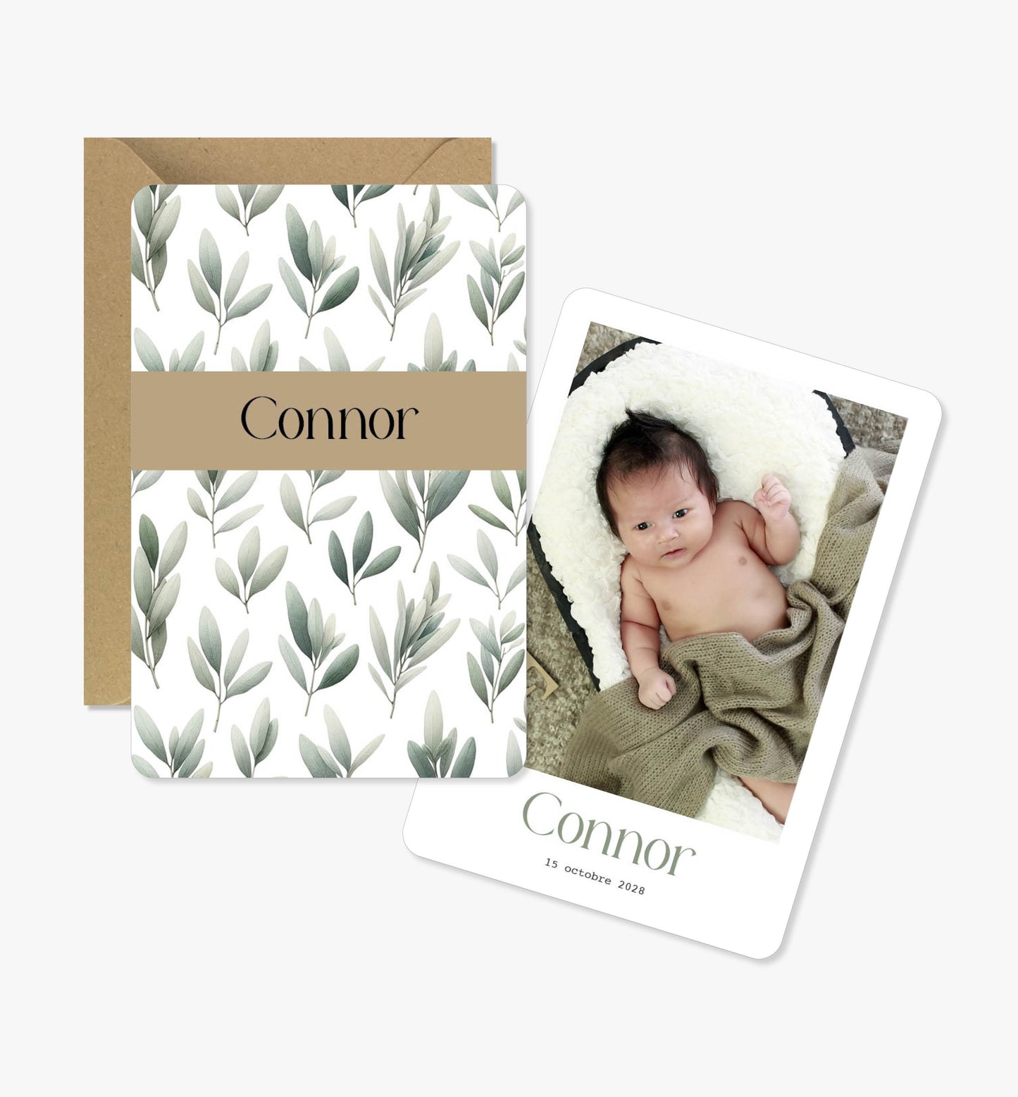 Faire-part de naissance original ‘Will’ vert feuilles olivier illustration