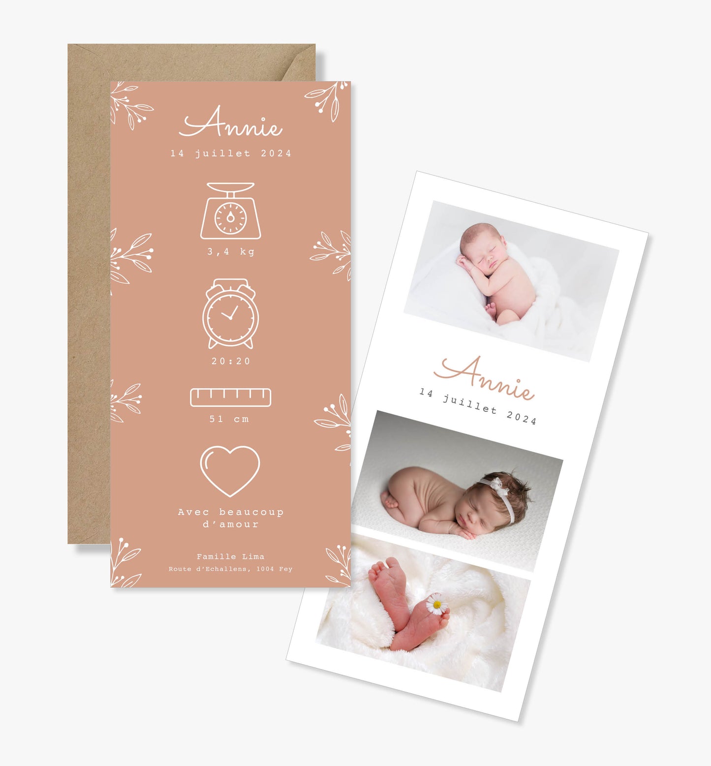 Faire-part de naissance original ‘Liah’ rose