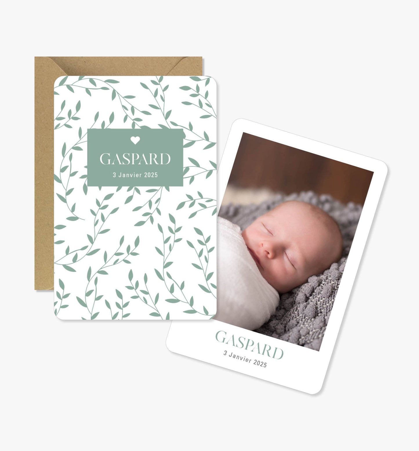 Faire-part de naissance original ‘Taylor’ vert feuilles