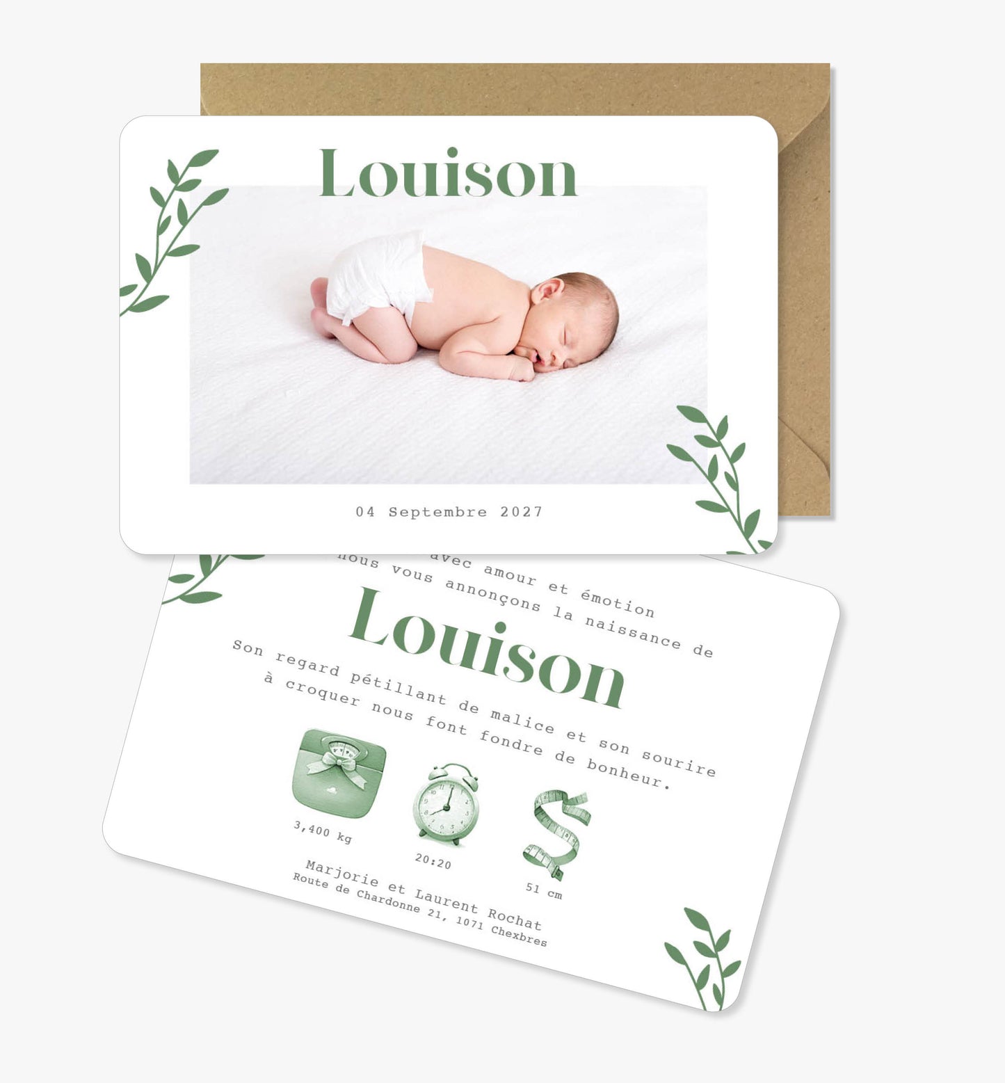 Faire-part de naissance original ‘Kelvin’ feuilles vert