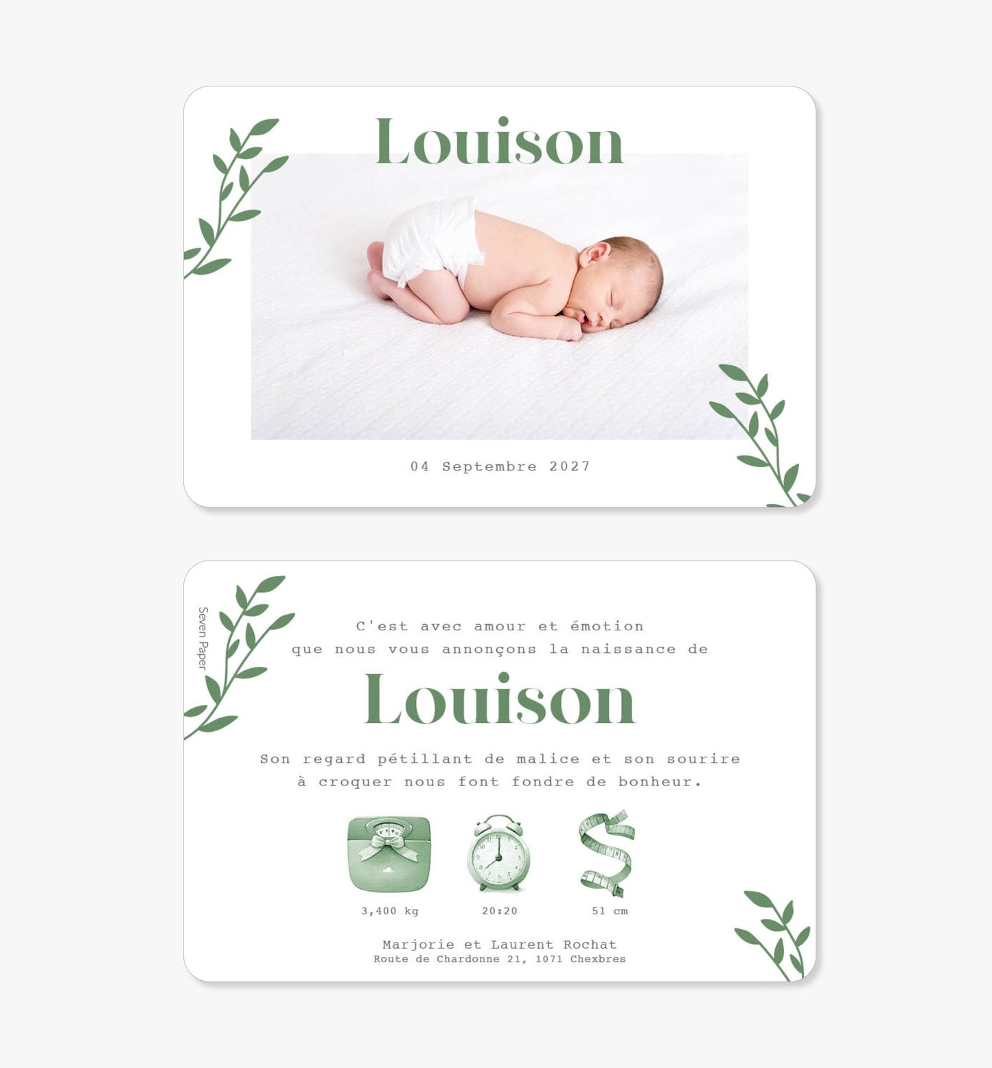 Faire-part de naissance original ‘Kelvin’ feuilles vert