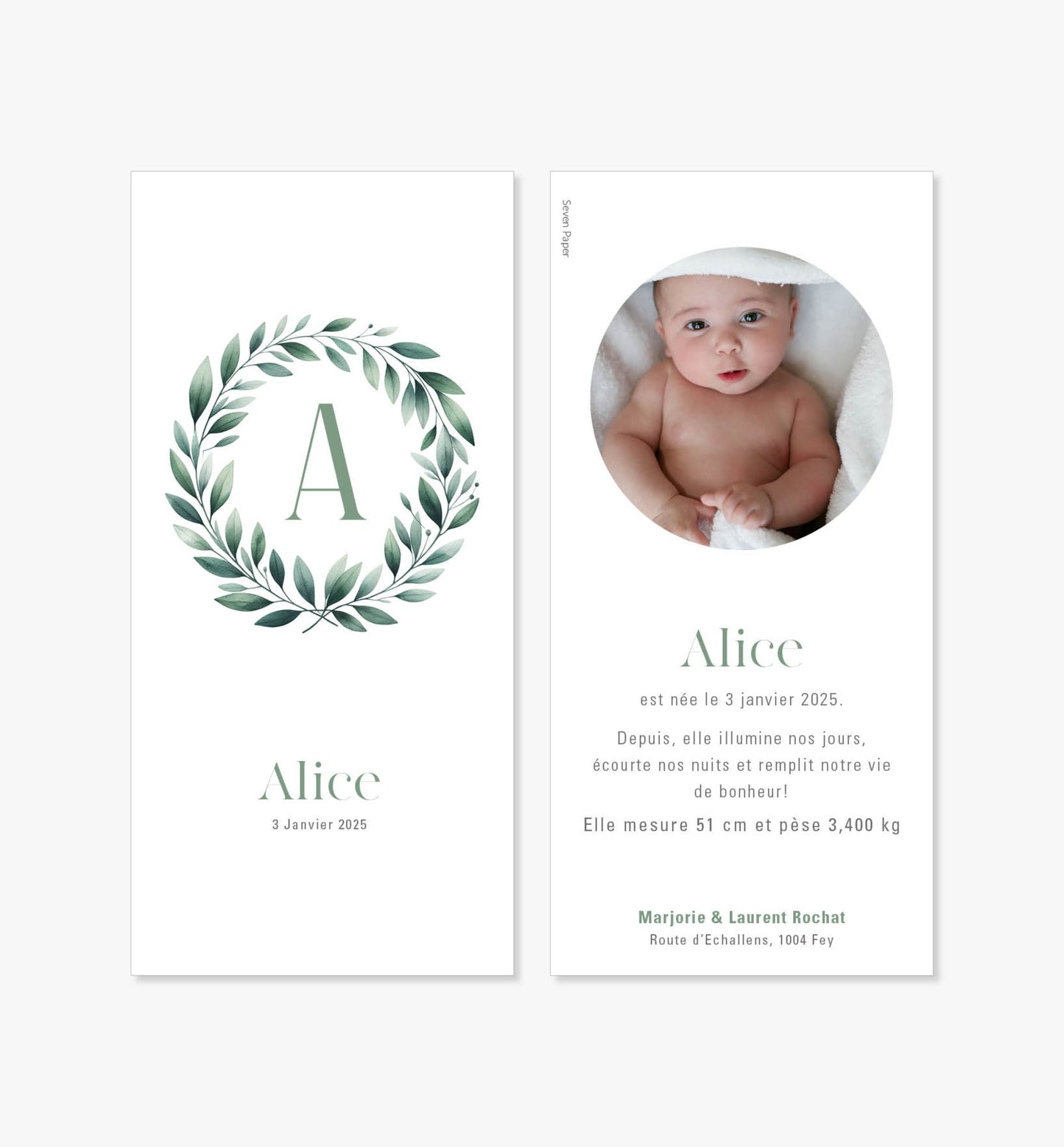 Faire-part de naissance original ‘Jade’ aquarelle couronne eucalyptus