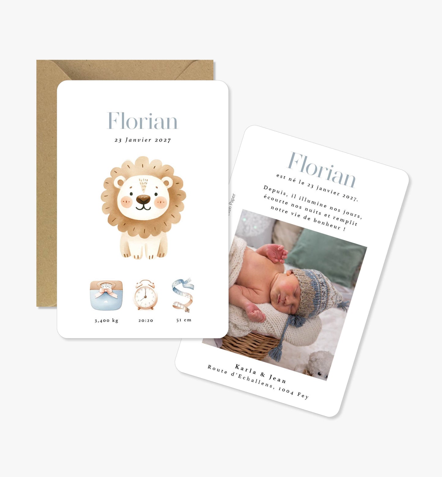 Faire-part de naissance original ‘Albi’ lion bleu / beige