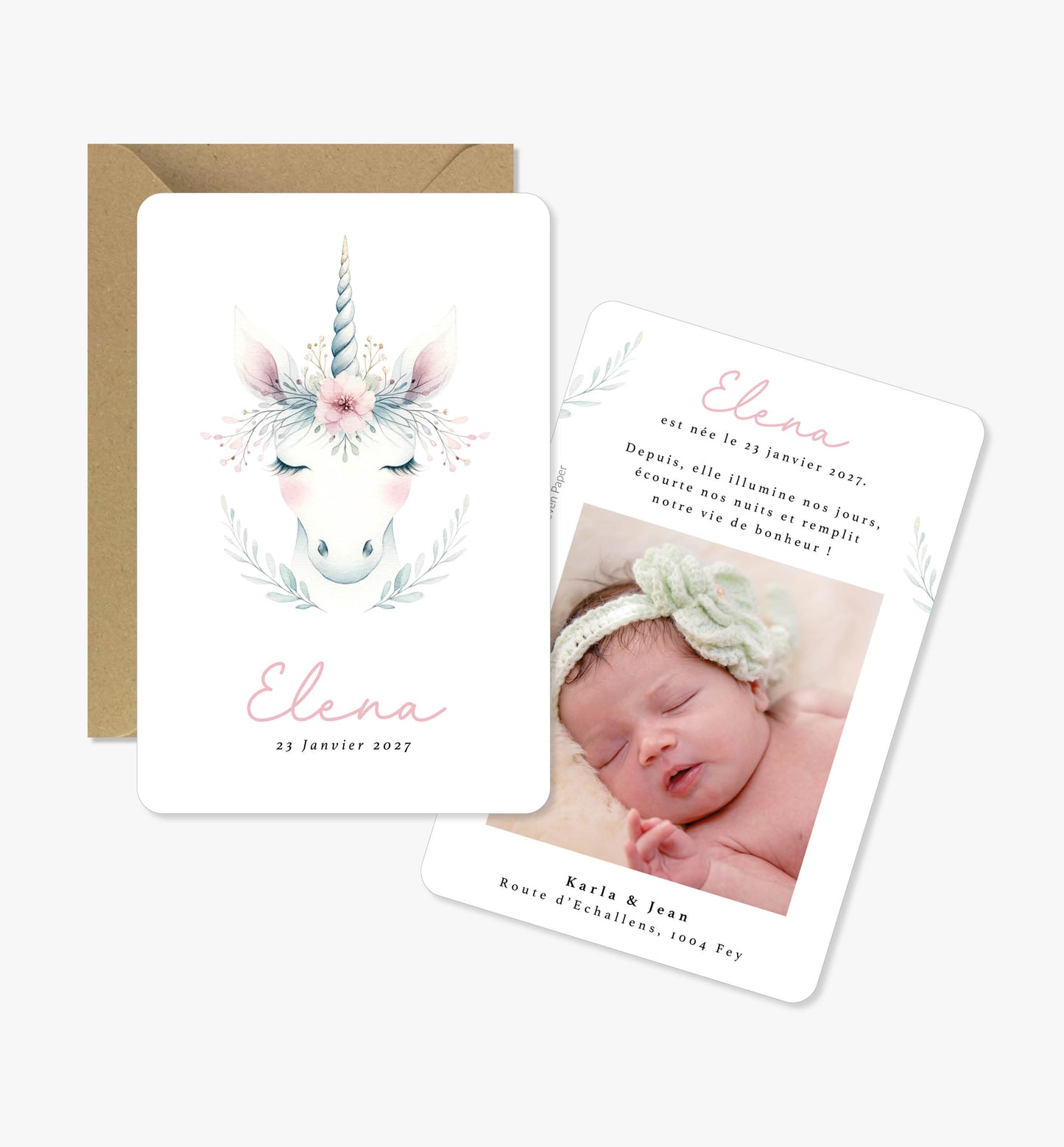 Faire-part de naissance original ‘Larissa’ licorne illustration aquarelle