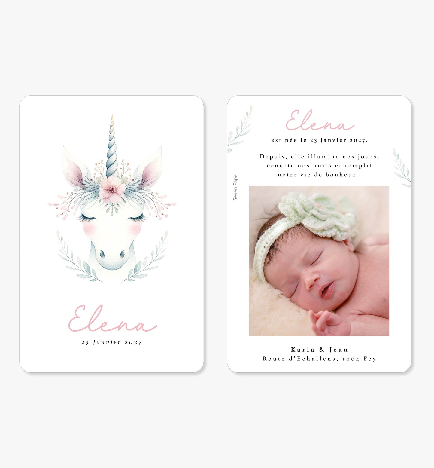 Faire-part de naissance original ‘Larissa’ licorne illustration aquarelle