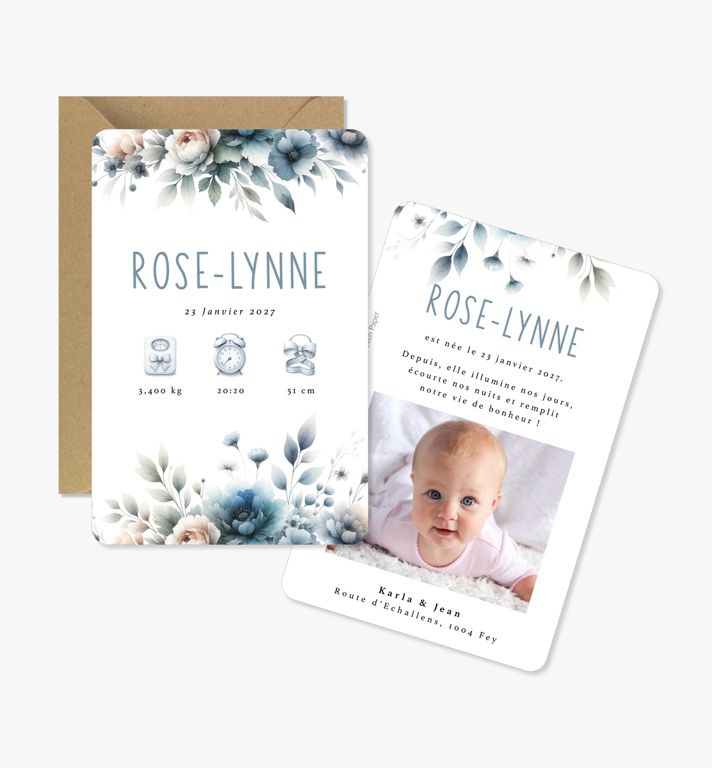 Faire-part de naissance original ‘Giulia’ illustration aquarelle fleurs sauvages bleu