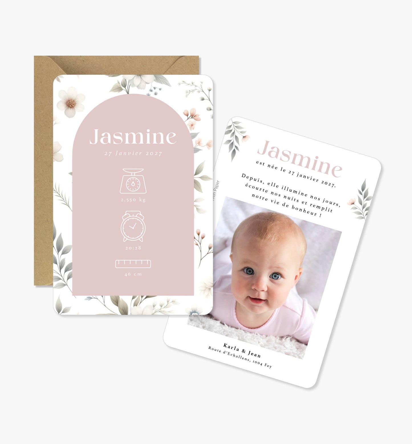 Faire-part de naissance original ‘Esmee’ vieux rose floral aquarelle