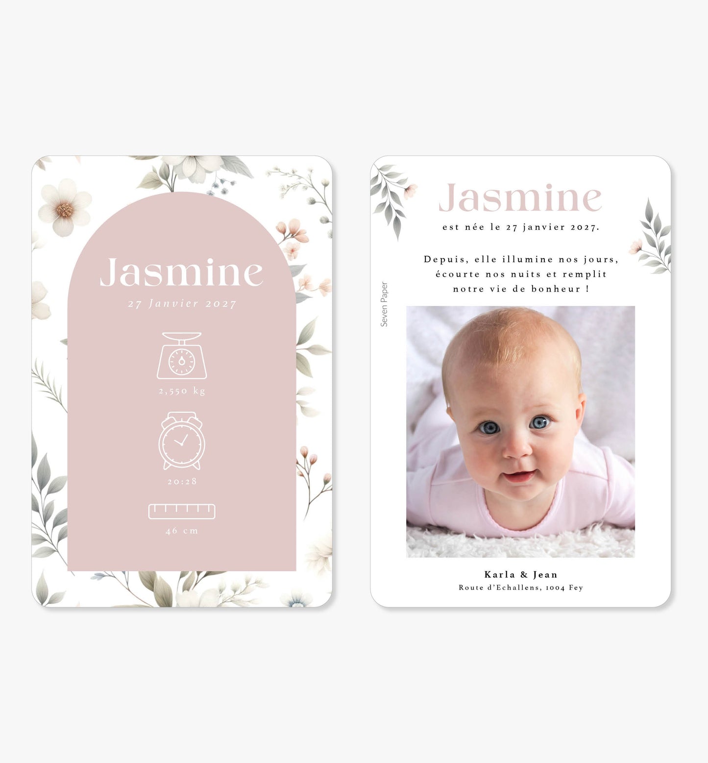 Faire-part de naissance original ‘Esmee’ vieux rose floral aquarelle