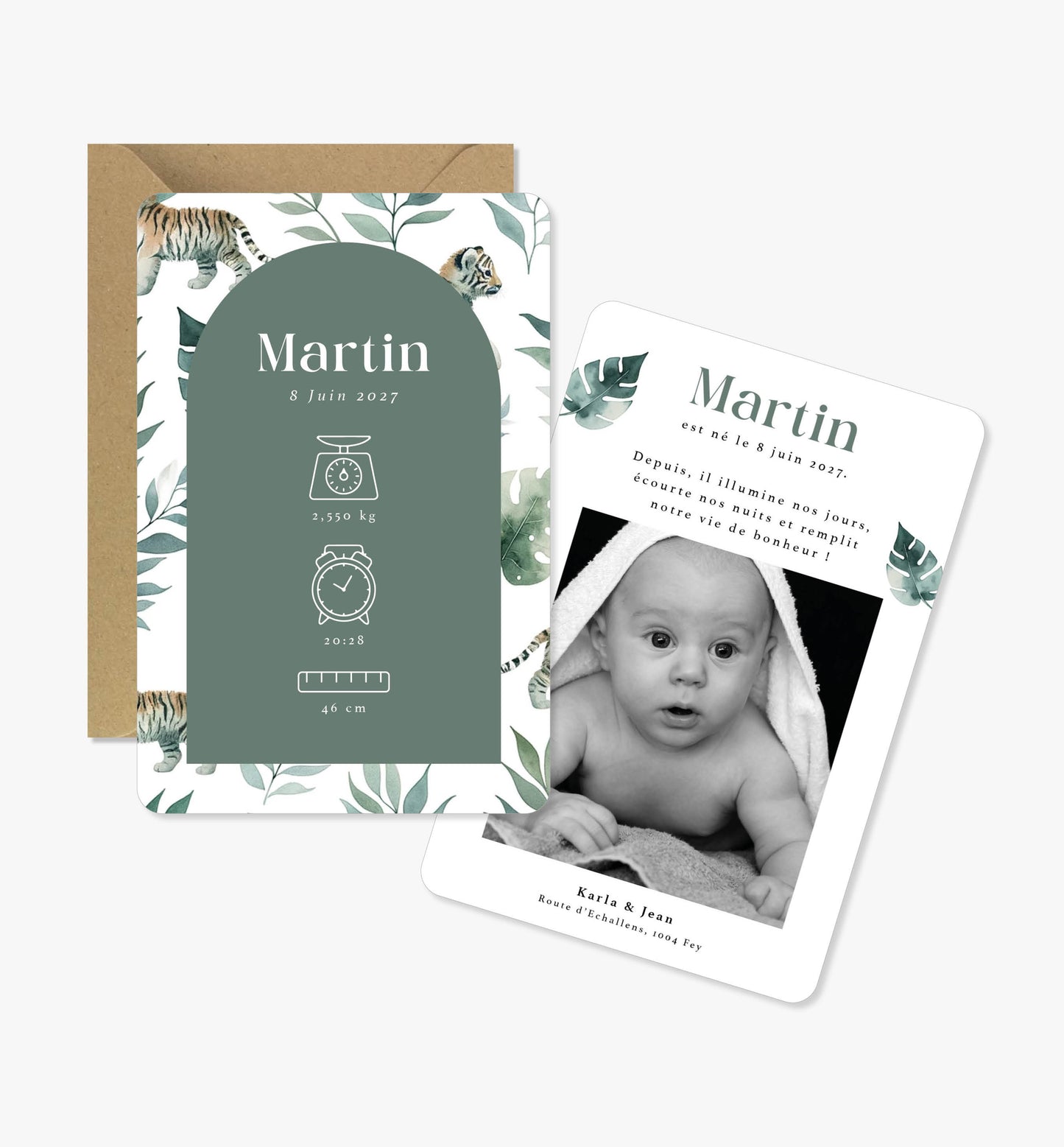 Faire-part de naissance original ‘Marius’ feuilles tropicales tigre aquarelle vert