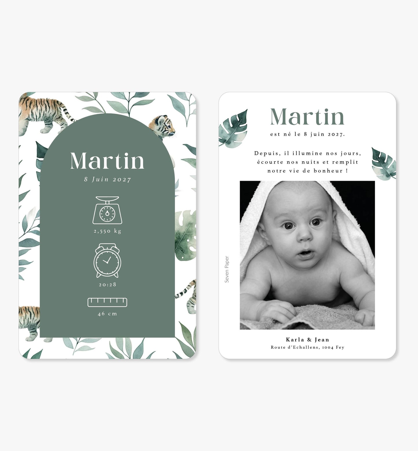 Faire-part de naissance original ‘Marius’ feuilles tropicales tigre aquarelle vert