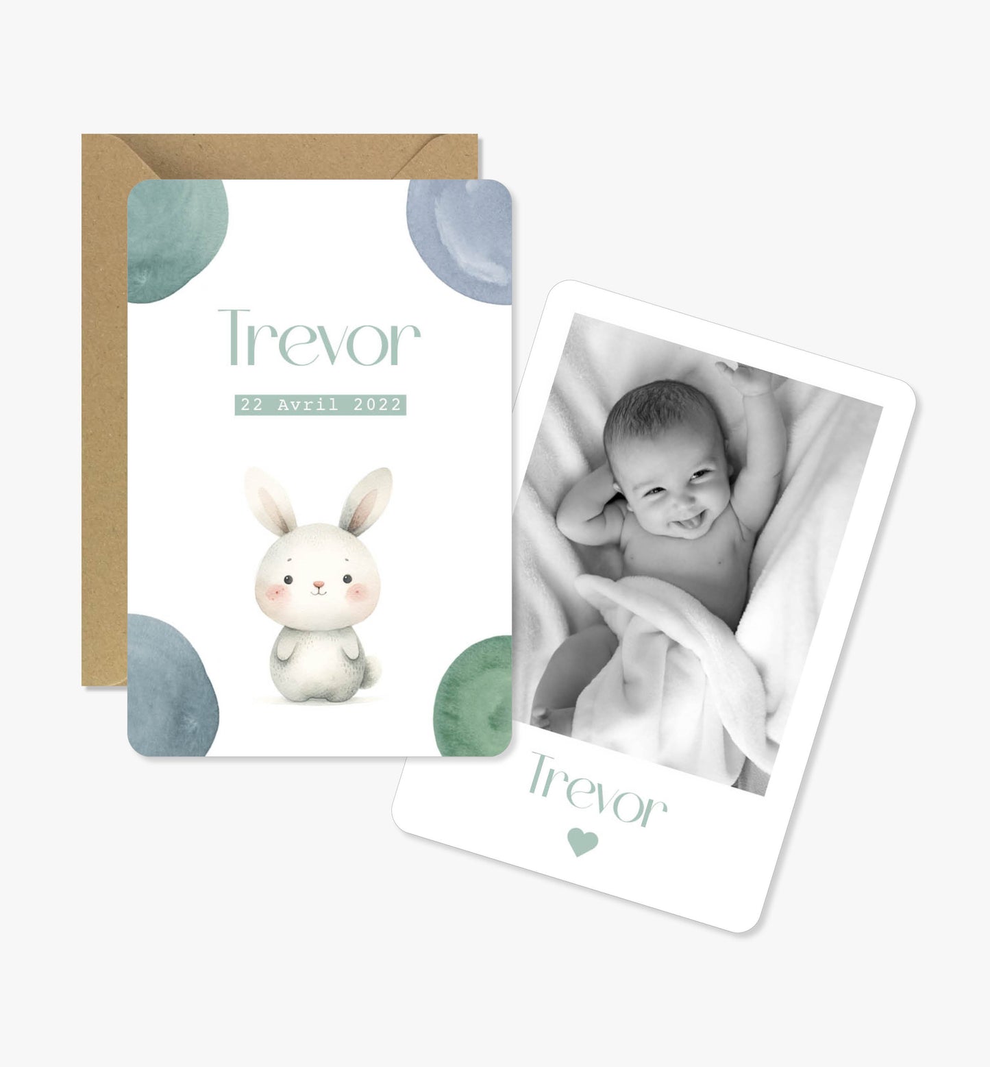 Faire-part de naissance original ‘Liam’ aquarelle gris bleu vert lapin