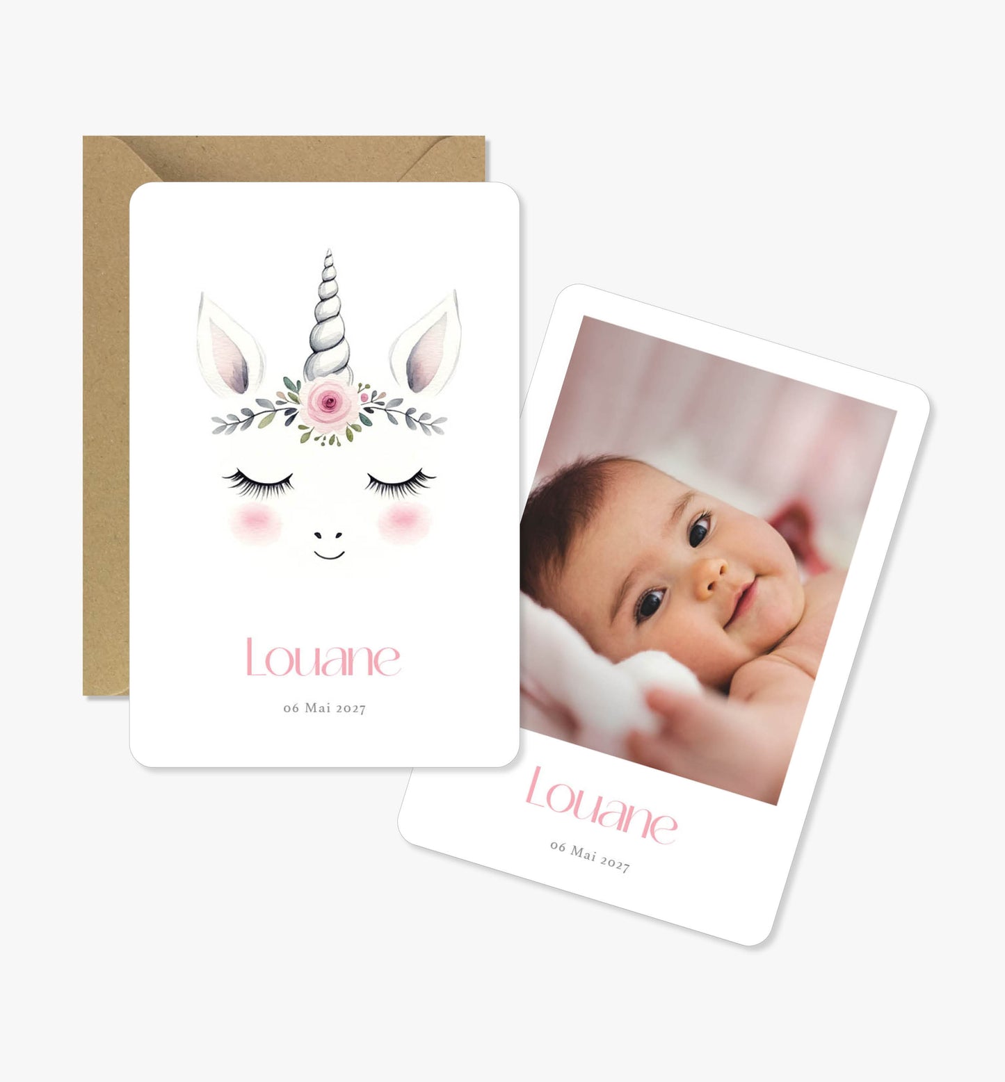 Faire-part de naissance original ‘Violette’ licorne aquarelle rose