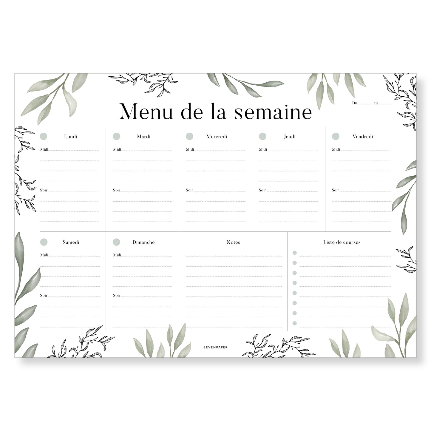 Bloc-notes semainier A4, menu de la semaine - olive