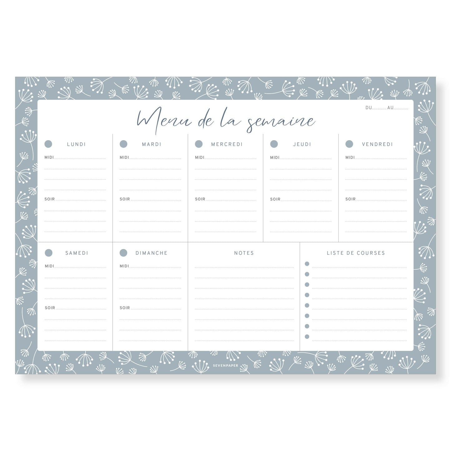 Bloc-notes semainier A4, menu de la semaine - bleu