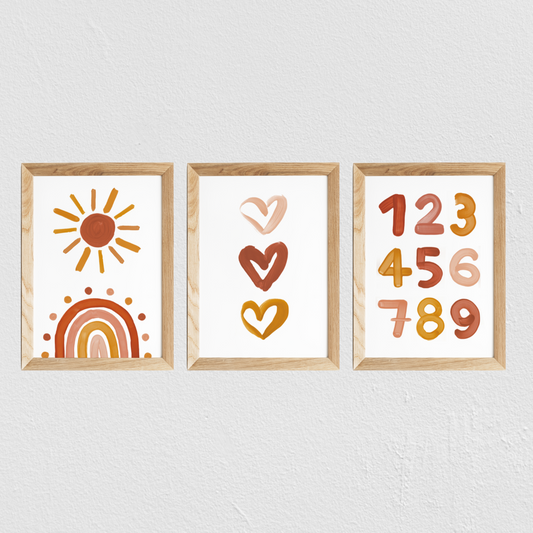 Poster chambre bébé / enfant ‘3 cœurs’ brique, moutarde et rose - SEVEN PAPER