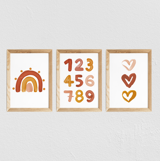 Poster chambre bébé / enfant ‘chiffres’ brique, moutarde et rose - SEVEN PAPER