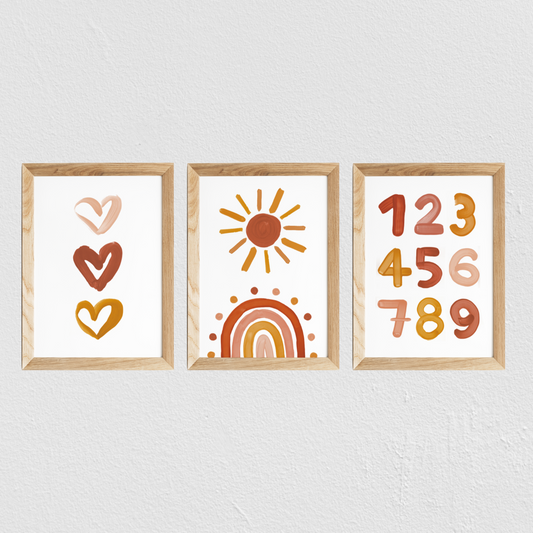 Poster chambre bébé / enfant ‘soleil 2’ brique, moutarde et rose - SEVEN PAPER