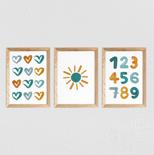 Poster chambre bébé / enfant ‘soleil’ moutarde et bleu canard - SEVEN PAPER