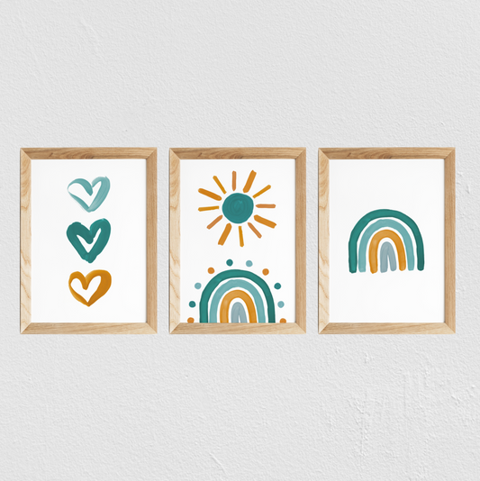 Poster chambre bébé / enfant ‘soleil 2’ moutarde et bleu canard - SEVEN PAPER