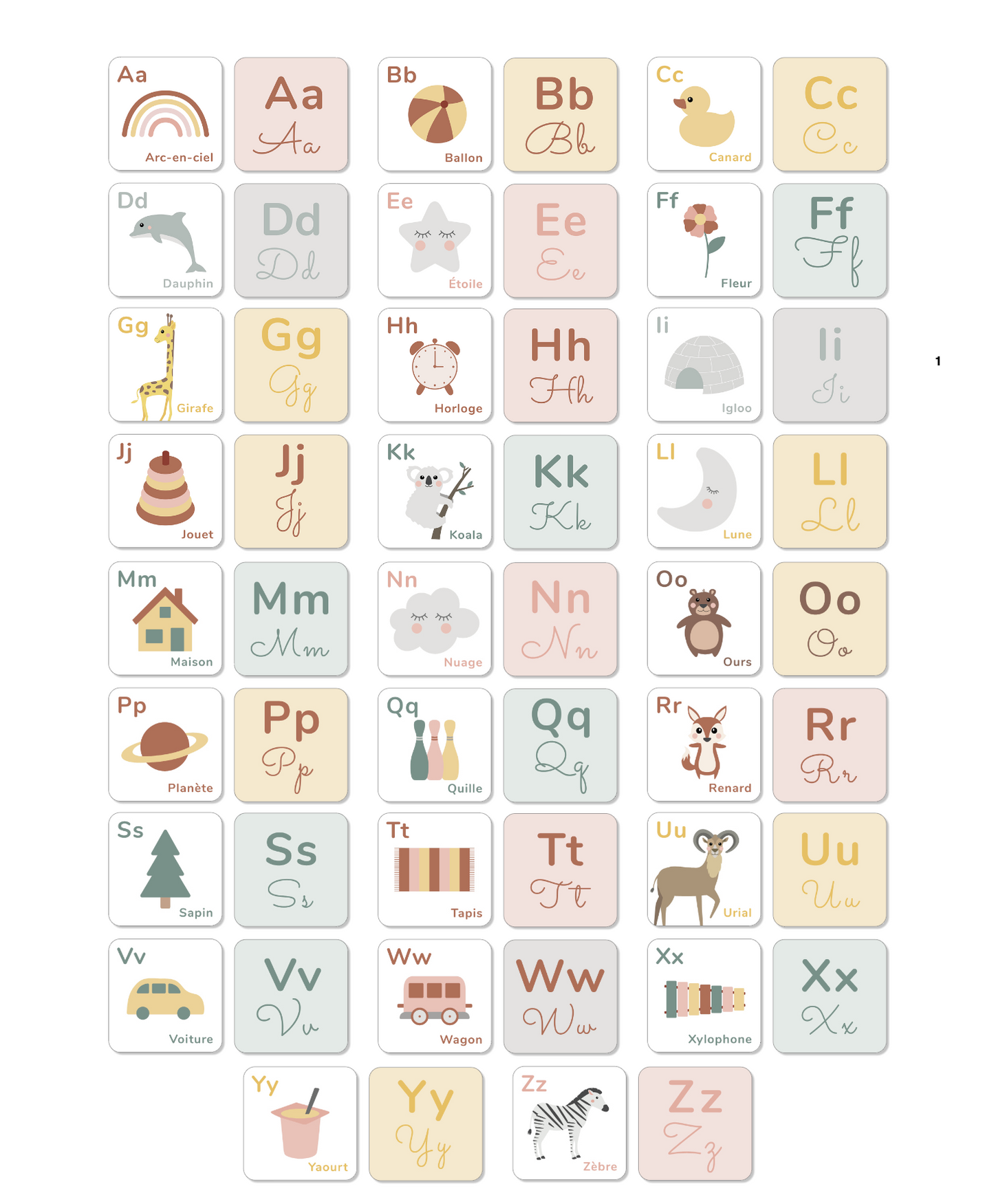 26 Cartes alphabet naissance brique