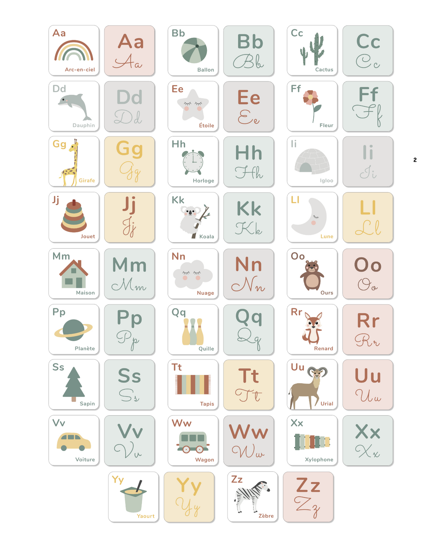26 Cartes alphabet naissance vert