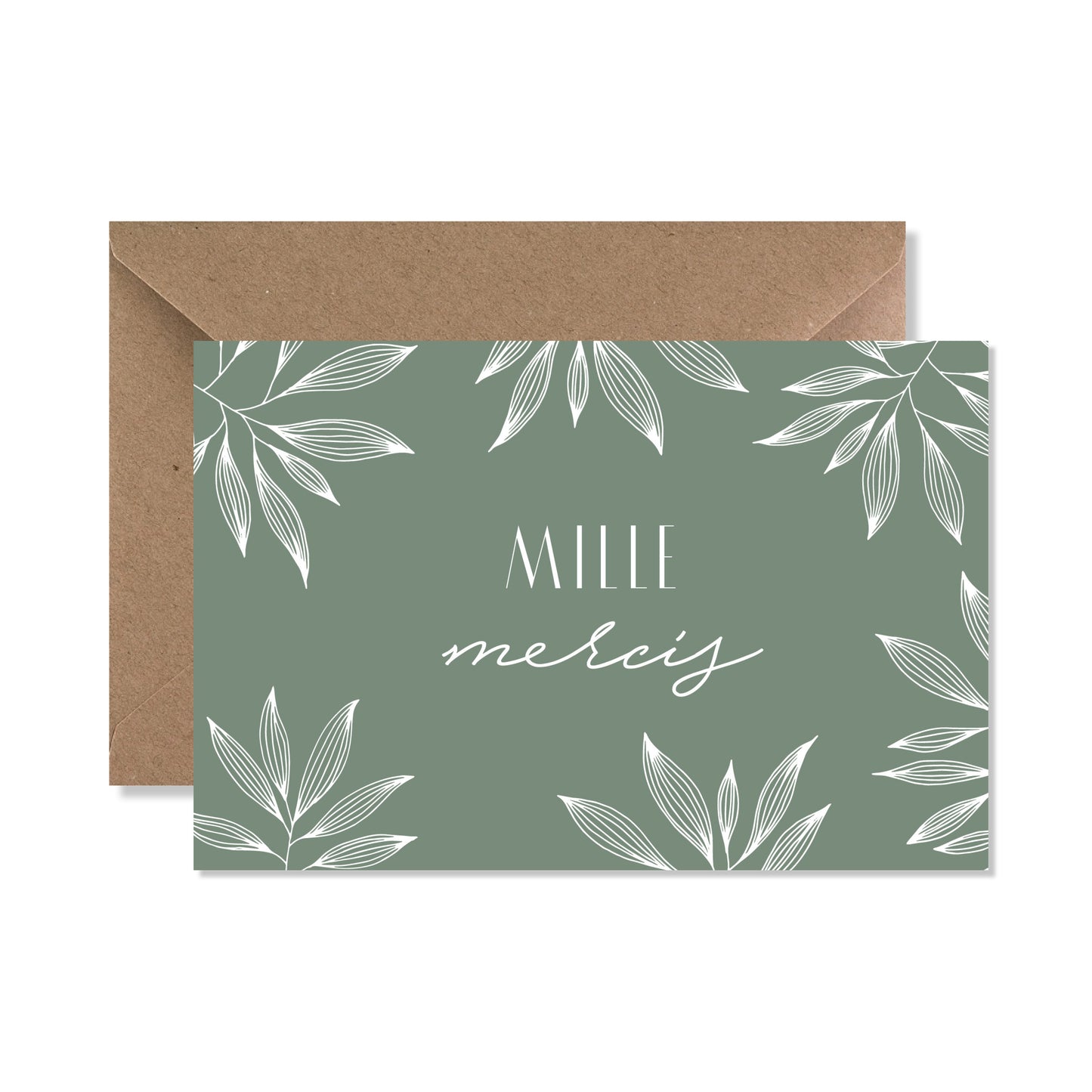 Carte de vœux A6 "mille mercis" feuilles vert