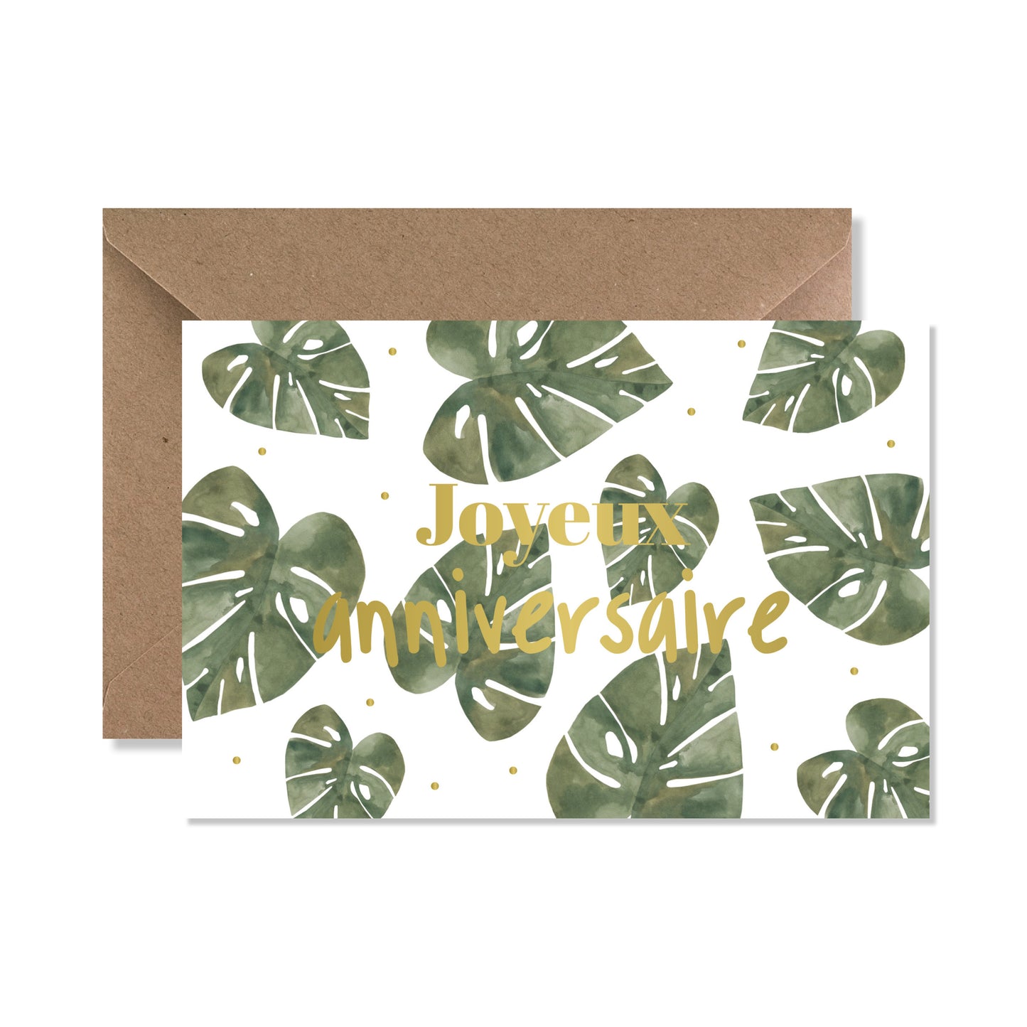 Carte de vœux A6 "joyeux anniversaire" monstera gold