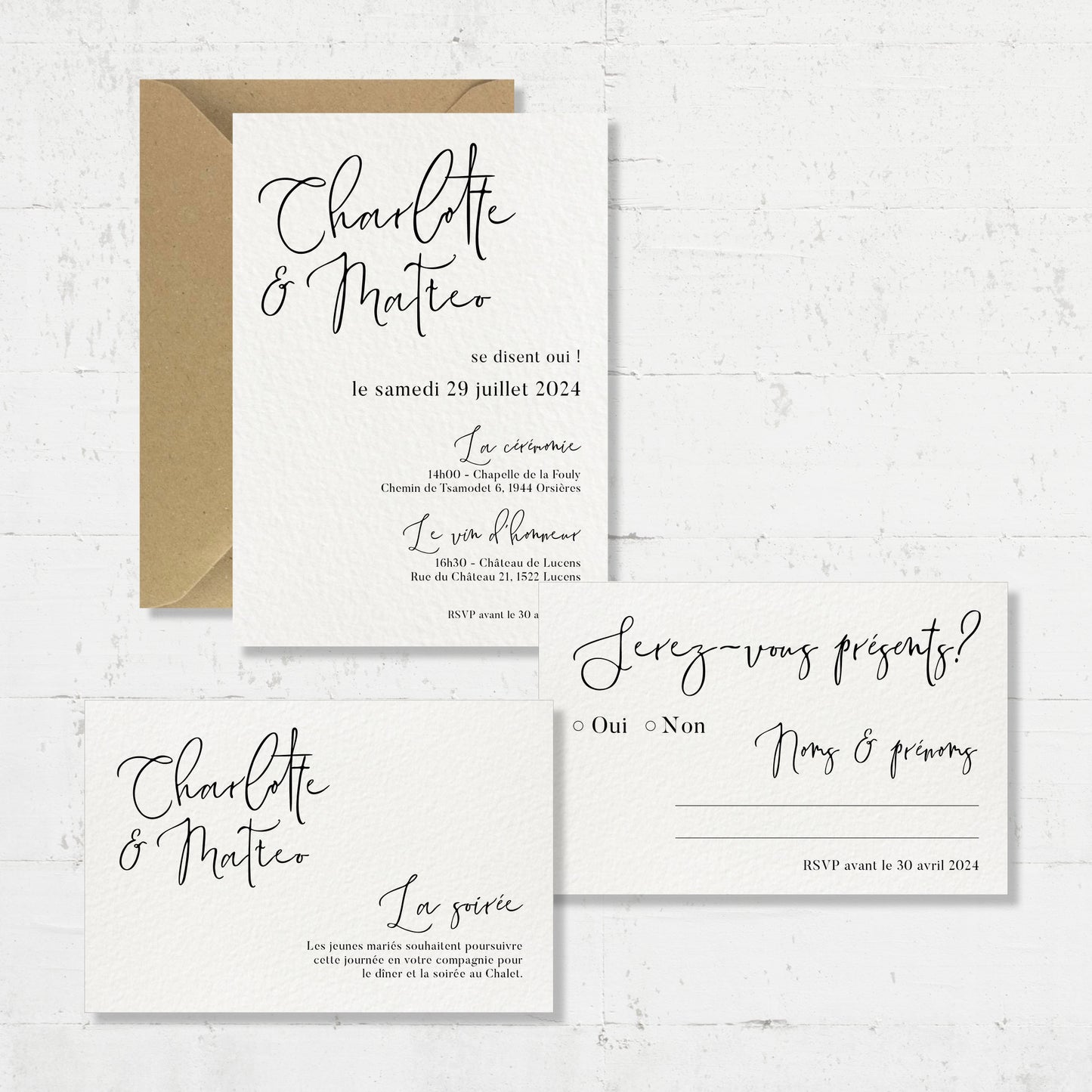 PACK faire-part + carton soirée + carton RSVP - Classique