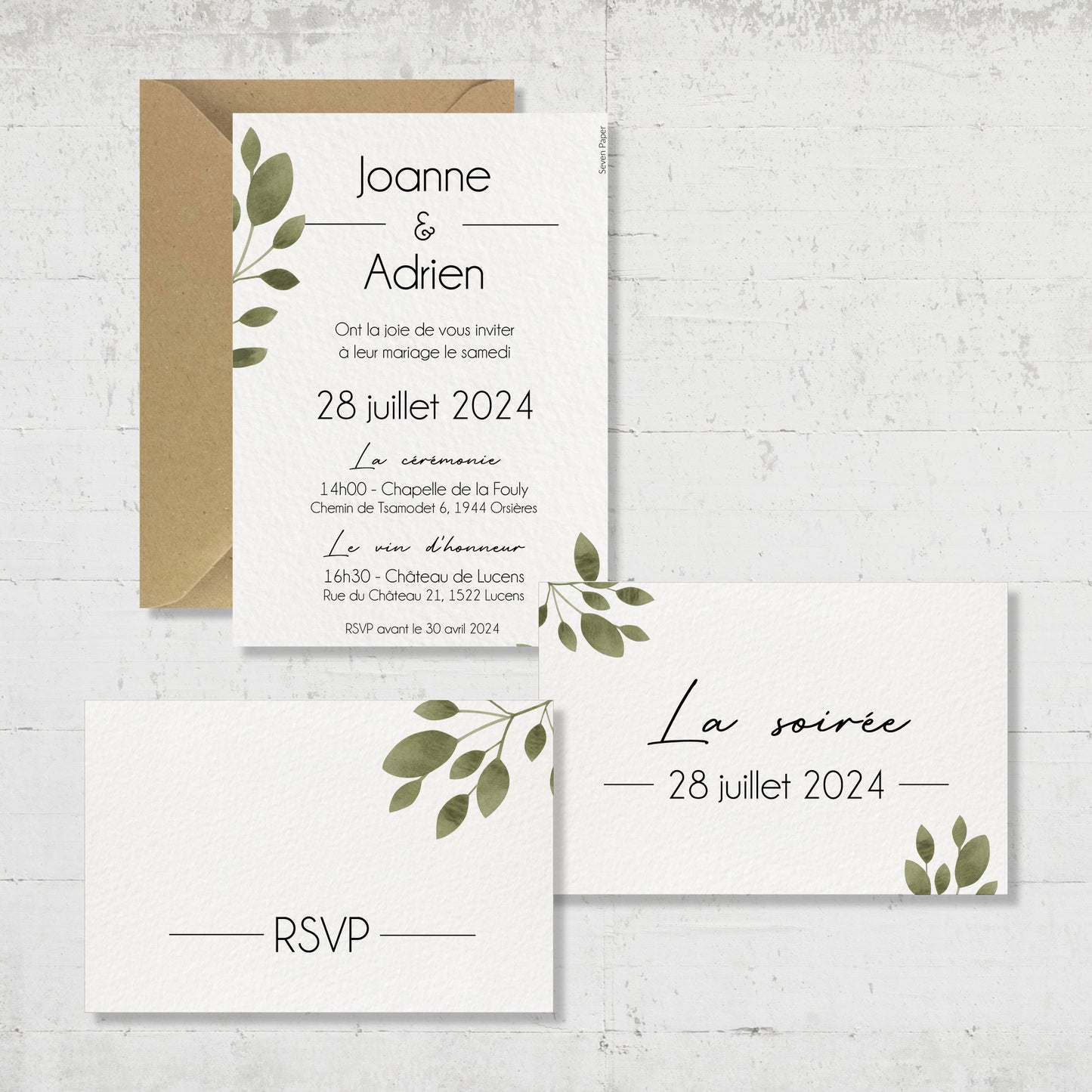 PACK faire-part + carton soirée + carton RSVP - Champêtre