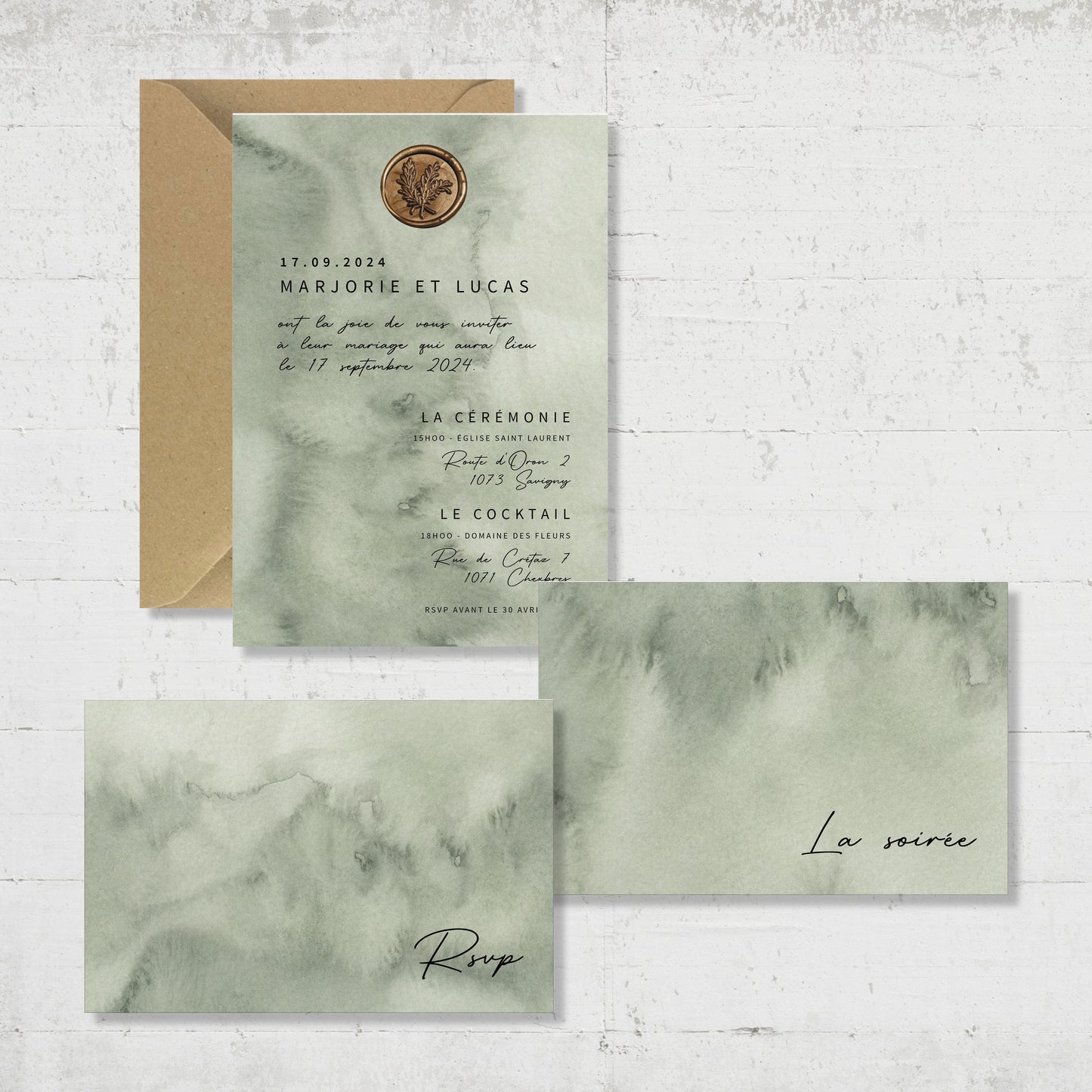 PACK faire-part + carton soirée + carton RSVP - Lichen