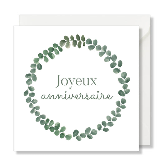 Carte de vœux carrée "joyeux anniversaire" eucalyptus couronne