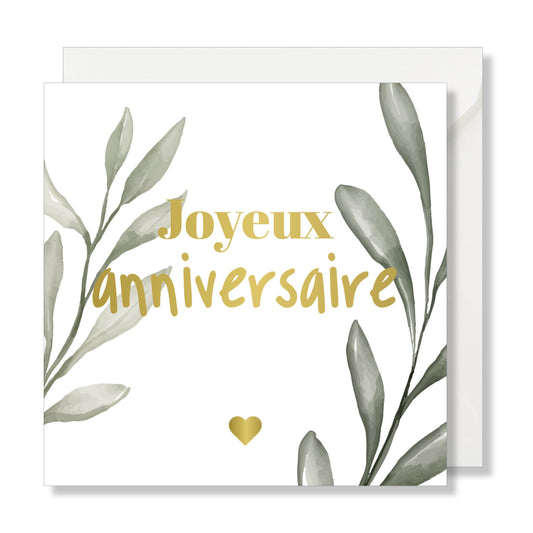 Carte de vœux carrée "joyeux anniversaire" illustration olive gold