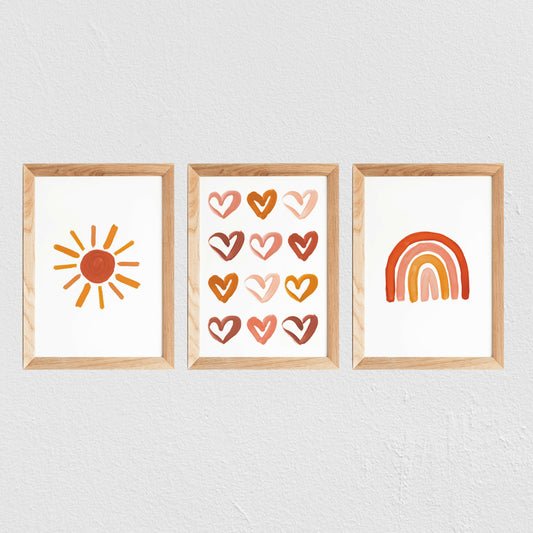 Poster chambre bébé / enfant ‘cœurs’ brique, moutarde et rose - SEVEN PAPER