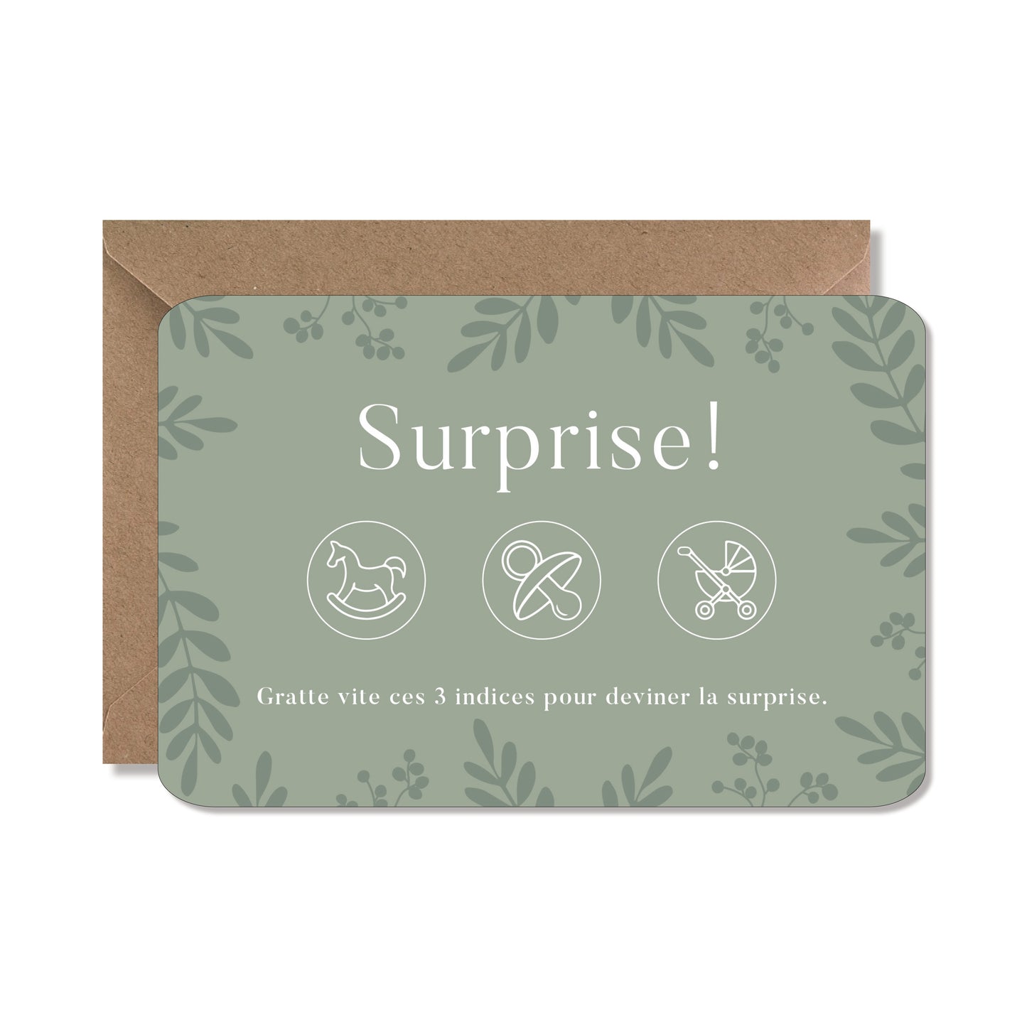 Carte annonce grossesse à gratter - Surprise ! 3 symboles, vert