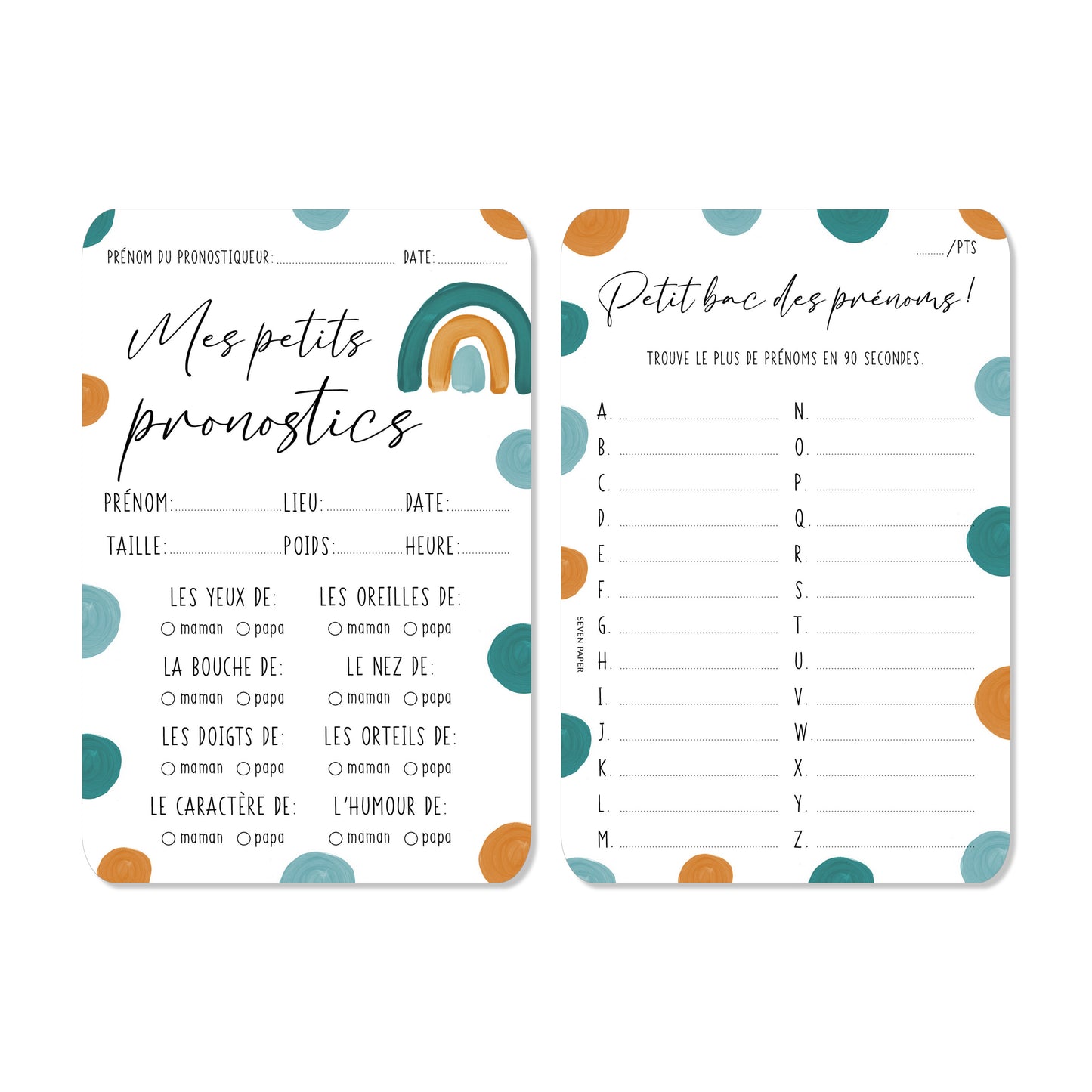 2 Cartes naissance ‘les pronostics’ jeu baby shower arc-en-ciel bleu