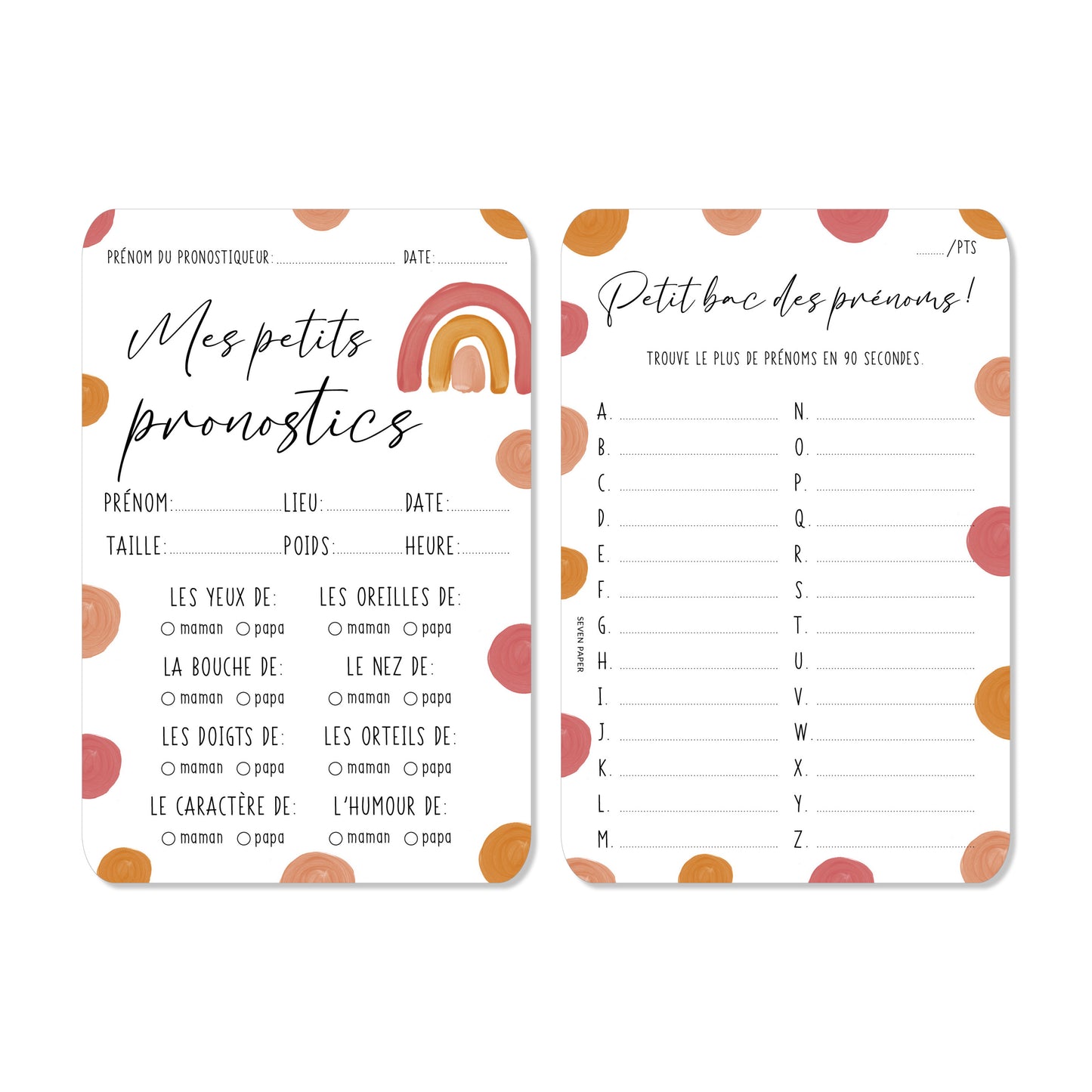 Cartes naissance ‘les pronostics’ jeu baby shower arc-en-ciel rose