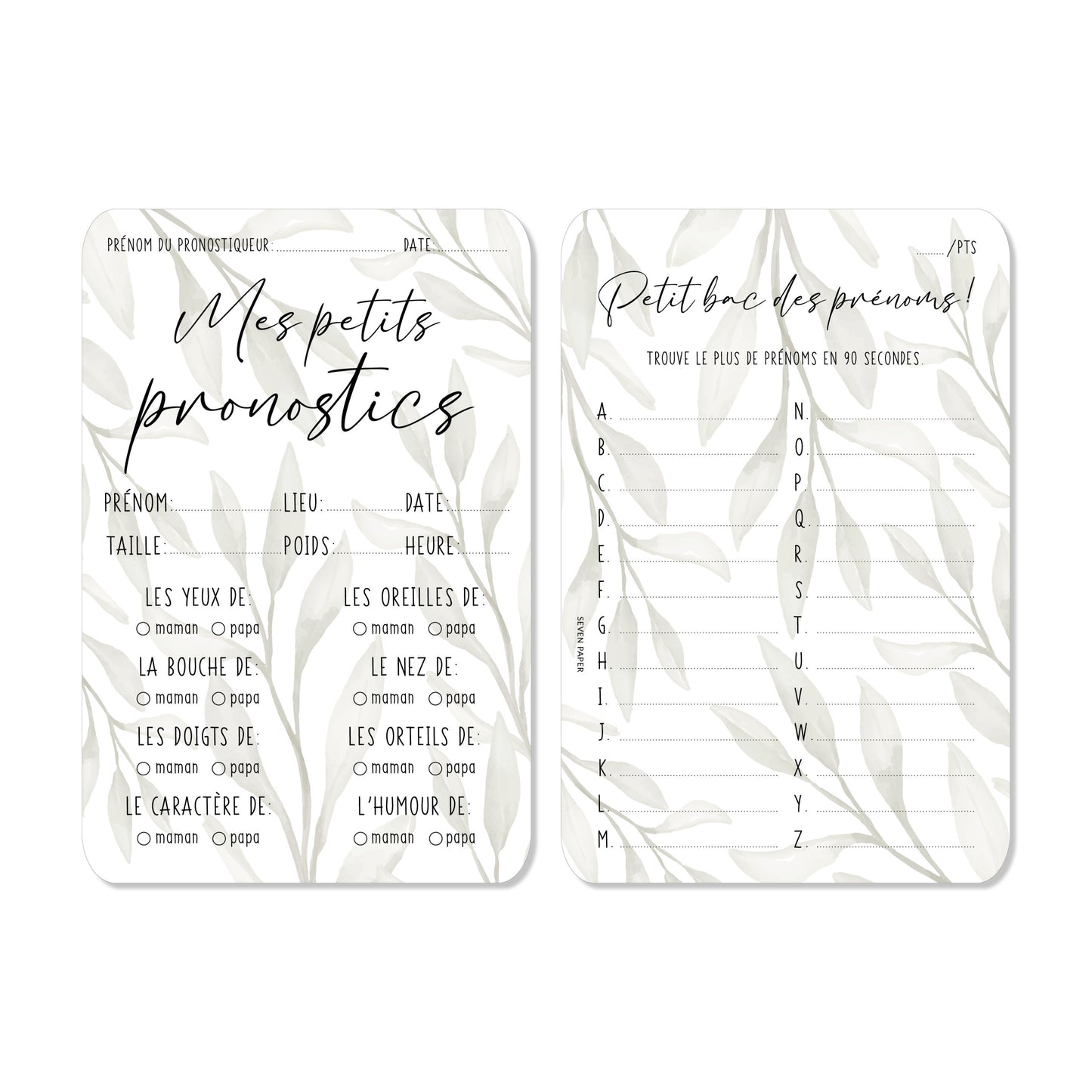 2 Cartes naissance ‘les pronostics’ jeu baby shower olive