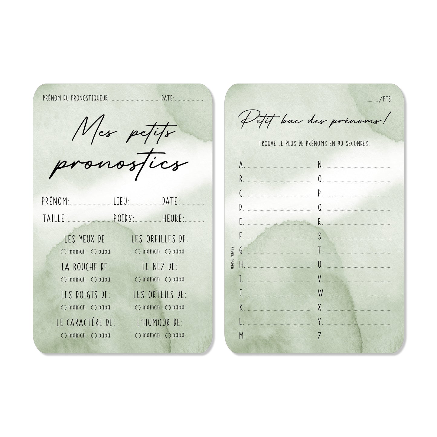 2 Cartes naissance ‘les pronostics’ jeu baby shower vert