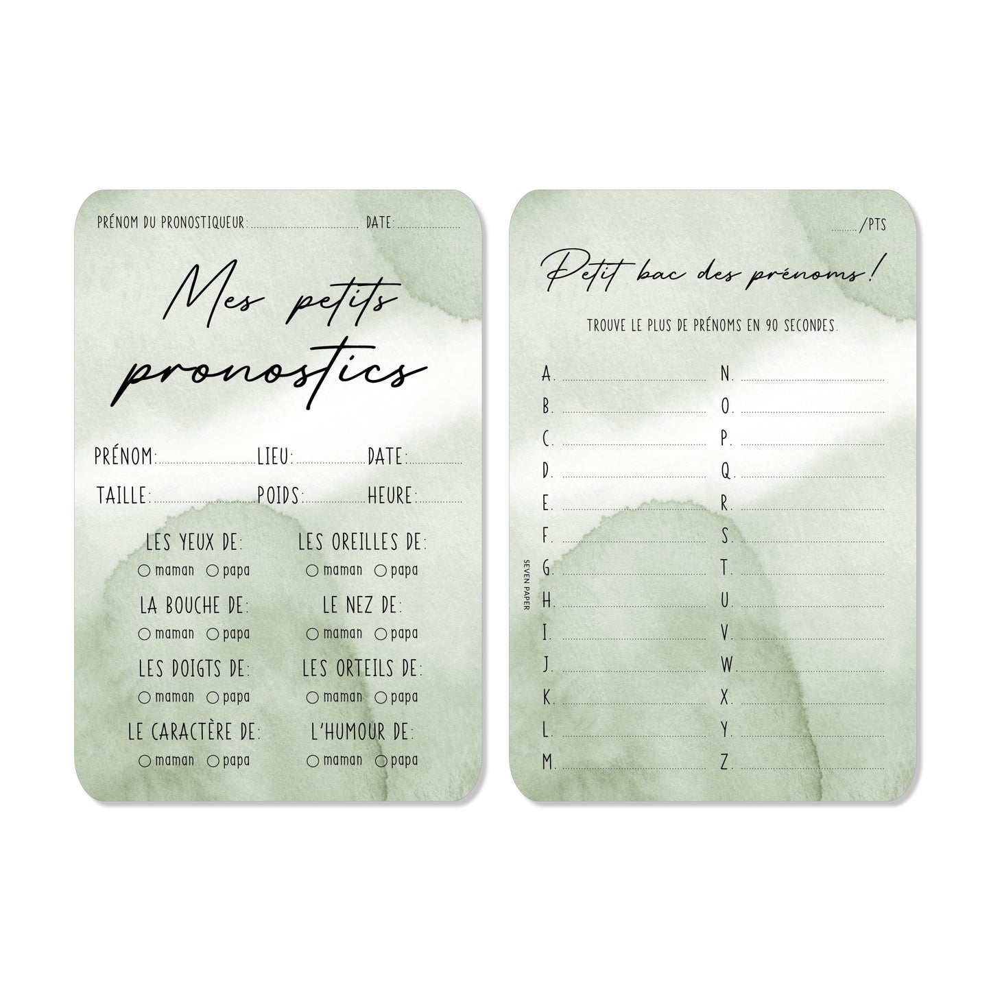 Cartes naissance ‘les pronostics’ jeu baby shower vert