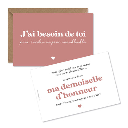 Carte mariage "j'ai besoin de toi" demande demoiselle d'honneur rose
