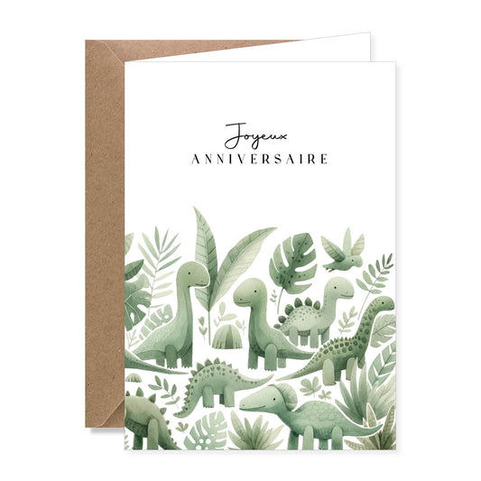 Grande carte de vœux A5 double "joyeux anniversaire" illustration dinosaure