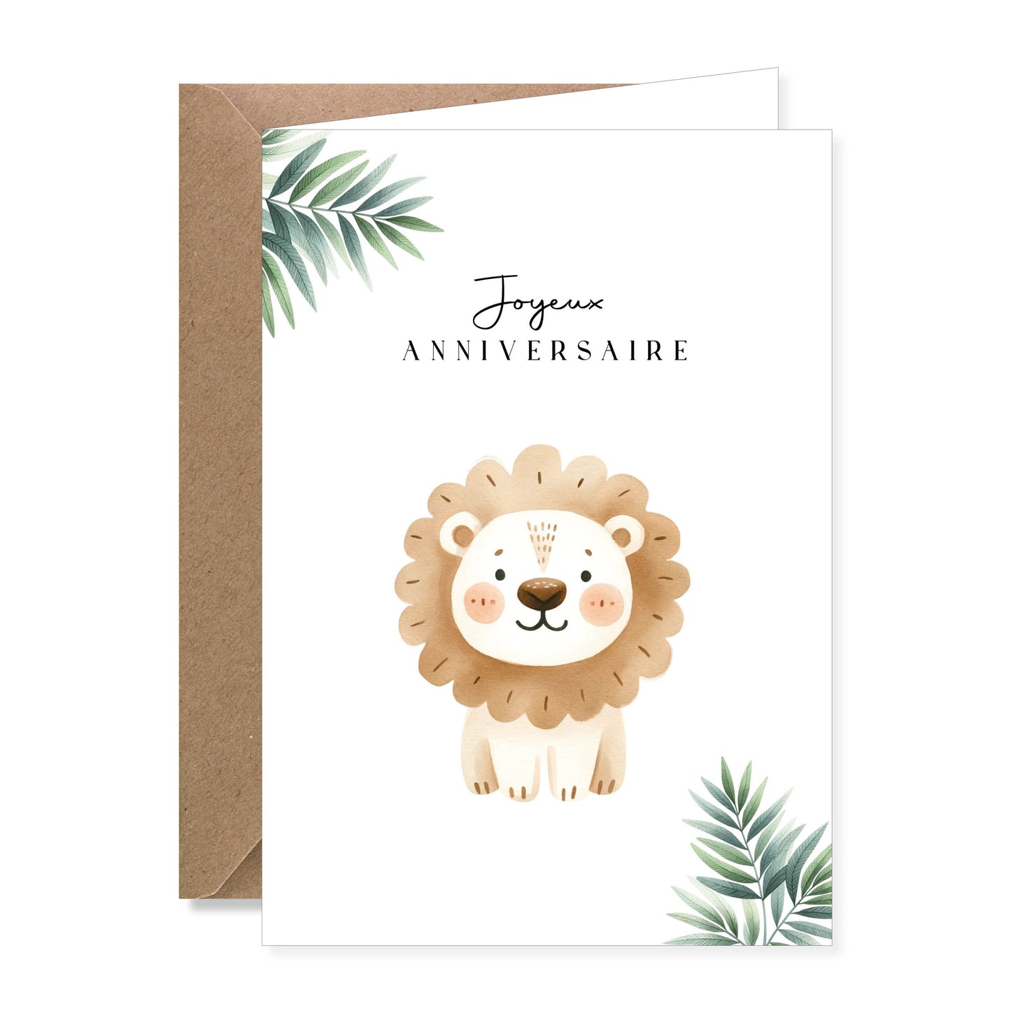 Grande carte de vœux A5 double "joyeux anniversaire" illustration lion