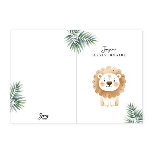 Grande carte de vœux A5 double "joyeux anniversaire" illustration lion