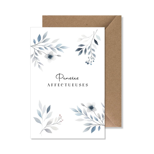 Carte de vœux A6 "sincères condoléances" aquarelle fleurs bleu
