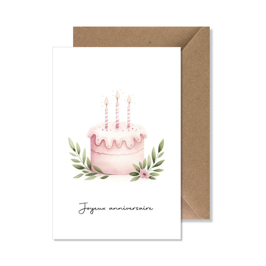 Carte de vœux A6 "joyeux anniversaire" aquarelle gâteau rose