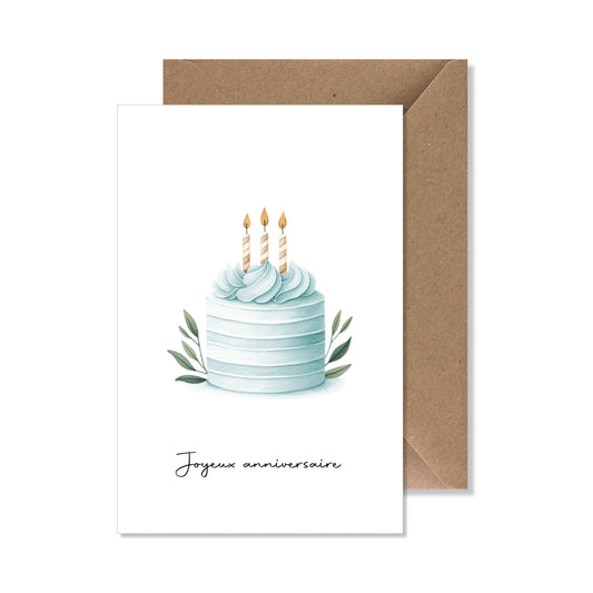 Carte de vœux A6 "joyeux anniversaire" aquarelle gâteau bleu