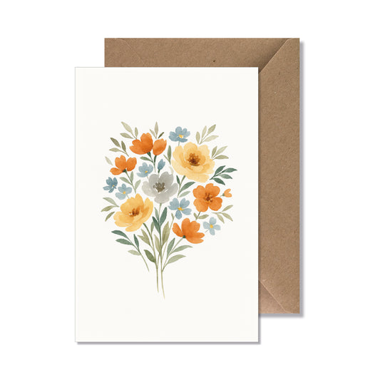 Carte de vœux A6 "bouquet fleurs jaune, orange, bleu" illustration
