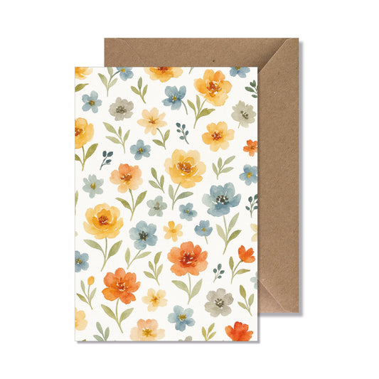Carte de vœux A6 "fleurs jaune, orange, bleu" illustration